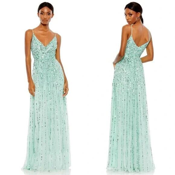 NWT MAC DUGGAL SEQUIN SLEEVELESS WRAP OVER A-LINE GOWN MINT SZ‎ 6 10928 - Picture 1 of 9